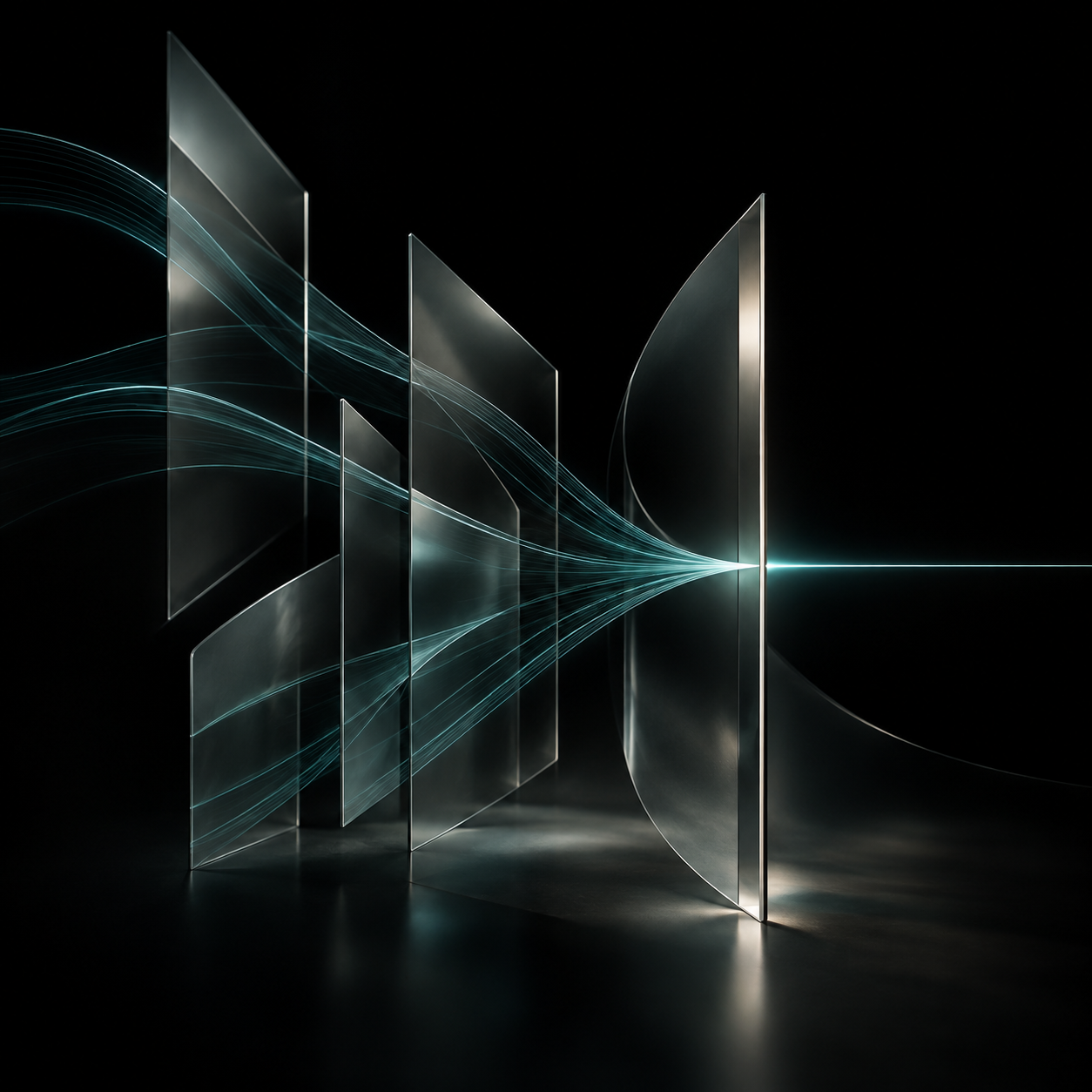 Abstract translucent planes and teal light paths resolving into one alignment